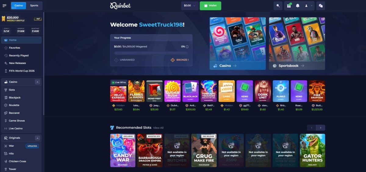 Rainbet mobile access and casino lobby